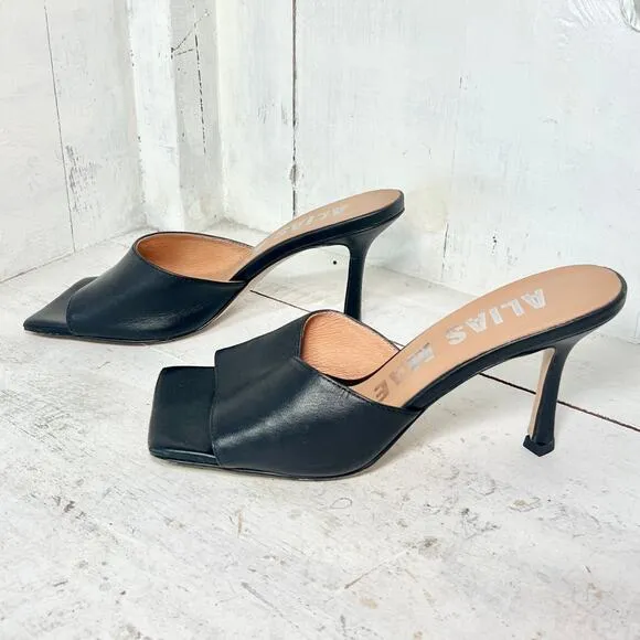 Alias ​​Mae Leni Leather Slip On Wide Strap Mule Heels Black Women's Size 40 / 9