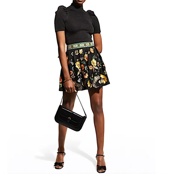 Alice And Olivia Fizer Embroidered Poplin Mini Skirt In Black