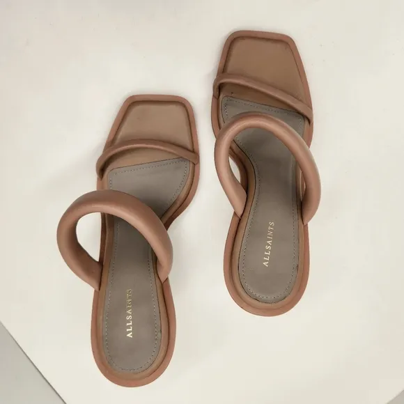 All Saints sandals women's 11 tan leather Ava heels padded puffy strap new $285