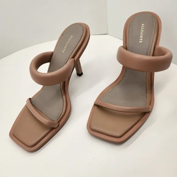 All Saints sandals women's 11 tan leather Ava heels padded puffy strap new $285
