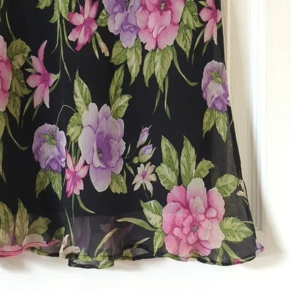 Allison Taylor 90's Vintage Silk Floral Printed Mid Waisted Midi Skirt Black L