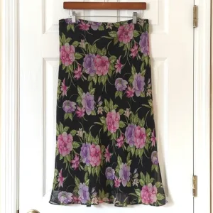 Allison Taylor 90's Vintage Silk Floral Printed Mid Waisted Midi Skirt Black L