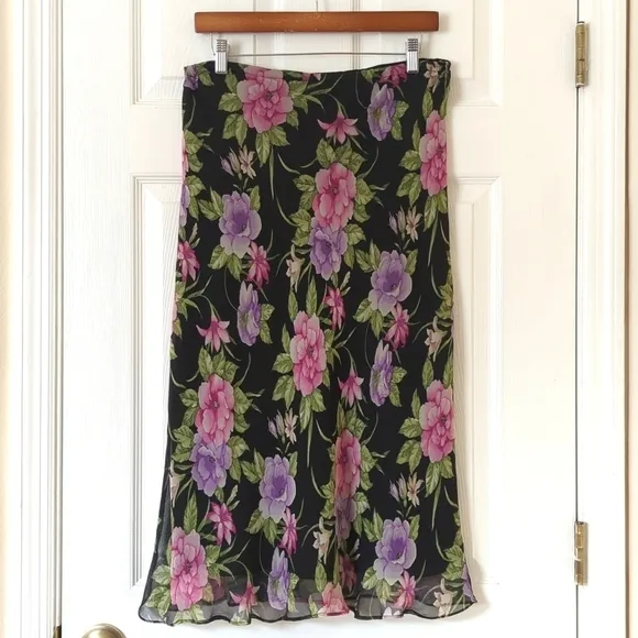 Allison Taylor 90's Vintage Silk Floral Printed Mid Waisted Midi Skirt Black L
