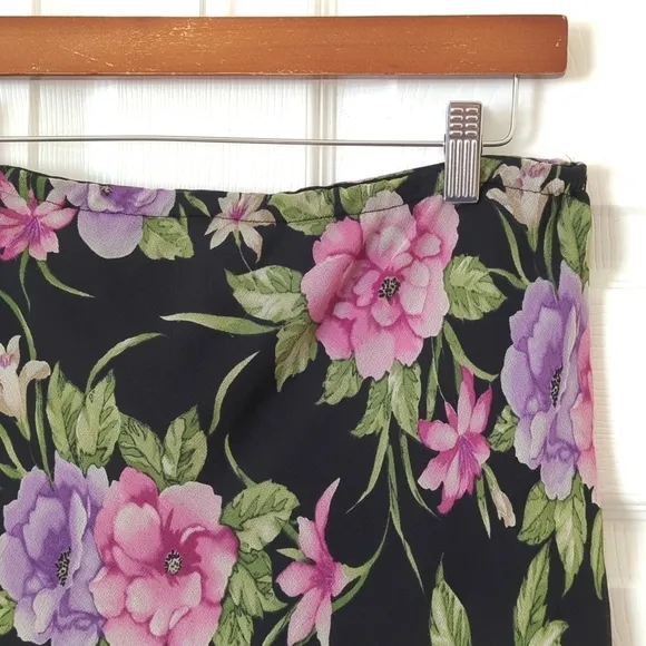 Allison Taylor 90's Vintage Silk Floral Printed Mid Waisted Midi Skirt Black L