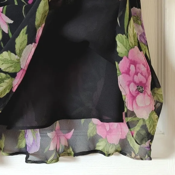 Allison Taylor 90's Vintage Silk Floral Printed Mid Waisted Midi Skirt Black L