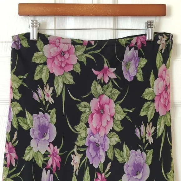Allison Taylor 90's Vintage Silk Floral Printed Mid Waisted Midi Skirt Black L
