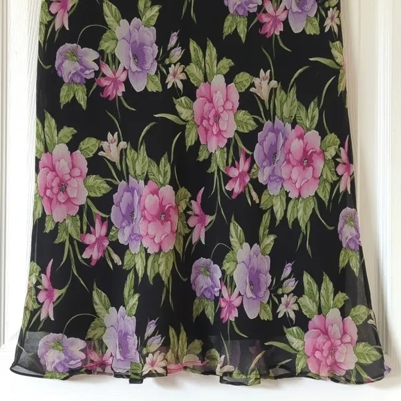 Allison Taylor 90's Vintage Silk Floral Printed Mid Waisted Midi Skirt Black L