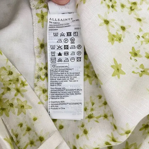 ALLSAINTS Frida Amanzi White Green Floral Linen Mini Skort Women's 12 NWOT