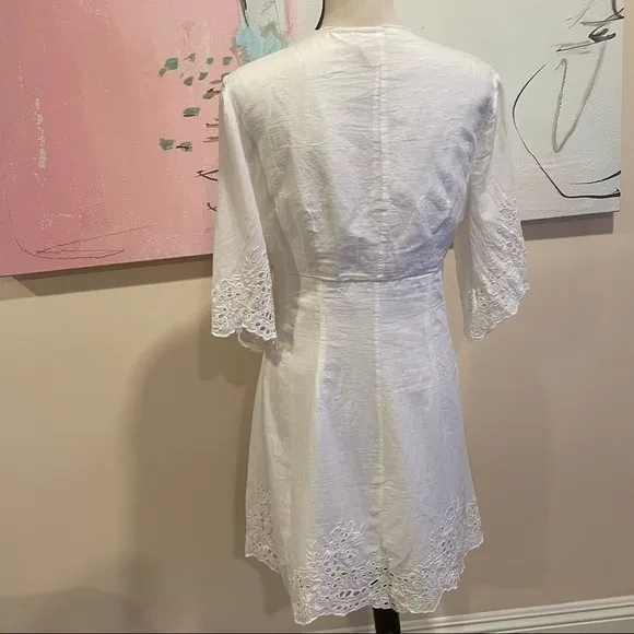 AllSaints Una Broderie Mini Dress Sz 10 Chalk White Eyelet Cotton Button Front