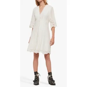 AllSaints Una Broderie Mini Dress Sz 10 Chalk White Eyelet Cotton Button Front