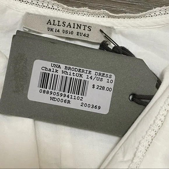 AllSaints Una Broderie Mini Dress Sz 10 Chalk White Eyelet Cotton Button Front