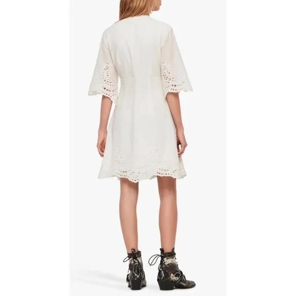 AllSaints Una Broderie Mini Dress Sz 10 Chalk White Eyelet Cotton Button Front