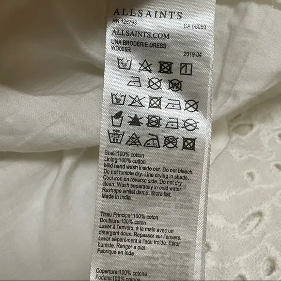 AllSaints Una Broderie Mini Dress Sz 10 Chalk White Eyelet Cotton Button Front