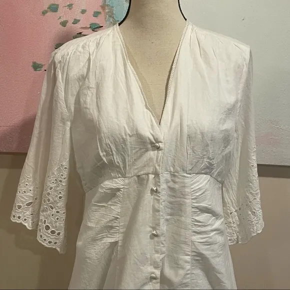 AllSaints Una Broderie Mini Dress Sz 10 Chalk White Eyelet Cotton Button Front