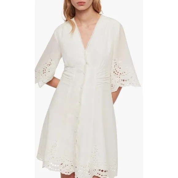 AllSaints Una Broderie Mini Dress Sz 10 Chalk White Eyelet Cotton Button Front