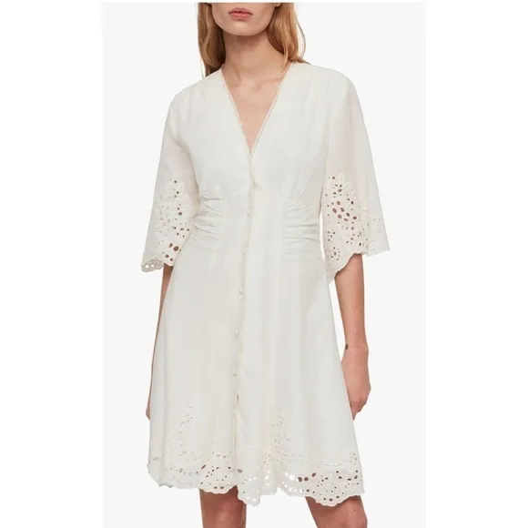 AllSaints Una Broderie Mini Dress Sz 10 Chalk White Eyelet Cotton Button Front