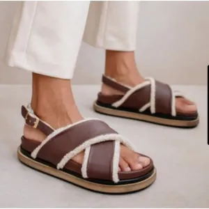 ALOHAS Brown Marshmallow Leather Shearling Criss Cross Platform Sandals Size 37