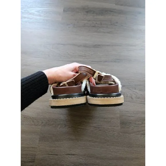 ALOHAS Brown Marshmallow Leather Shearling Criss Cross Platform Sandals Size 37