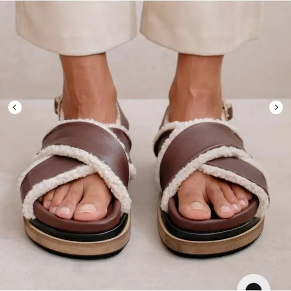 ALOHAS Brown Marshmallow Leather Shearling Criss Cross Platform Sandals Size 37