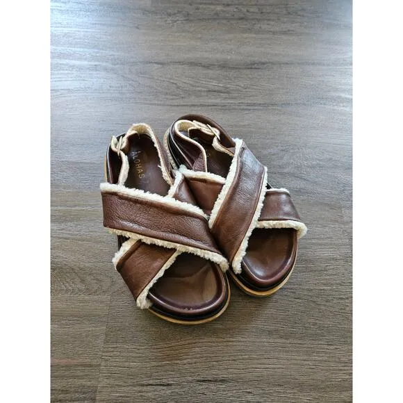 ALOHAS Brown Marshmallow Leather Shearling Criss Cross Platform Sandals Size 37