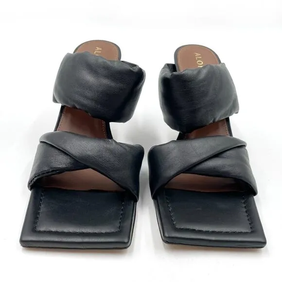 Alohas Puffy Twist Strap Sandals Black Leather Square Toe Heels Sz 38 / 7.5
