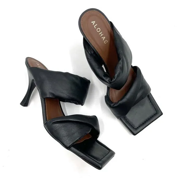 Alohas Puffy Twist Strap Sandals Black Leather Square Toe Heels Sz 38 / 7.5