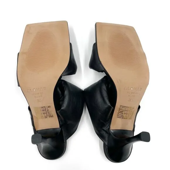 Alohas Puffy Twist Strap Sandals Black Leather Square Toe Heels Sz 38 / 7.5