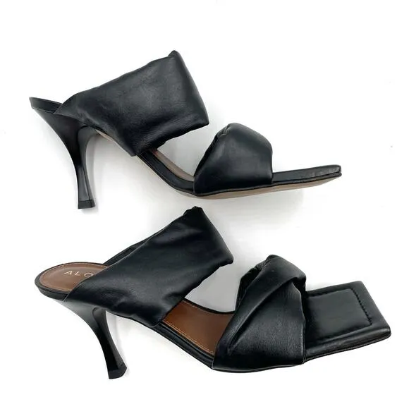 Alohas Puffy Twist Strap Sandals Black Leather Square Toe Heels Sz 38 / 7.5