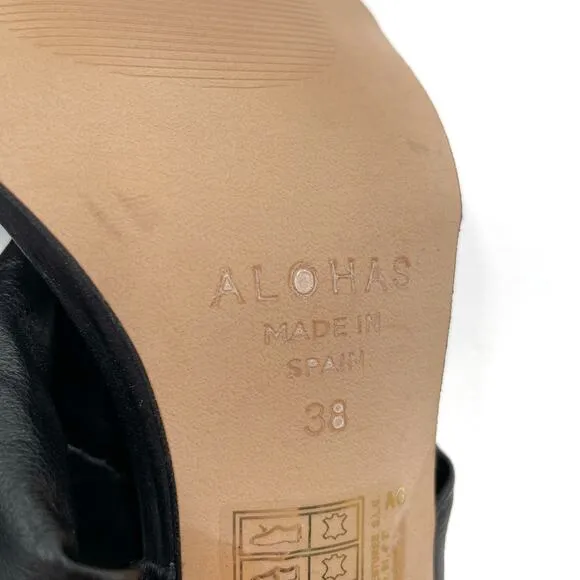 Alohas Puffy Twist Strap Sandals Black Leather Square Toe Heels Sz 38 / 7.5