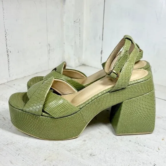 ALTA Loretta Embossed Snake Leather Ankle Strap Platform Sandals Green Womens 40
