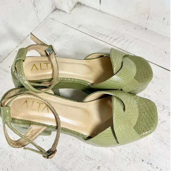 ALTA Loretta Embossed Snake Leather Ankle Strap Platform Sandals Green Womens 40