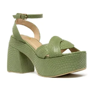 ALTA Loretta Embossed Snake Leather Ankle Strap Platform Sandals Green Womens 40