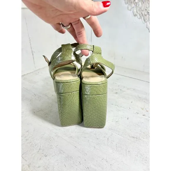 ALTA Loretta Embossed Snake Leather Ankle Strap Platform Sandals Green Womens 40