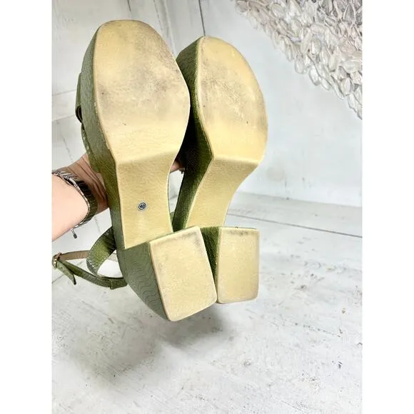 ALTA Loretta Embossed Snake Leather Ankle Strap Platform Sandals Green Womens 40