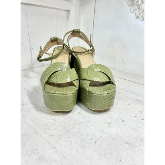 ALTA Loretta Embossed Snake Leather Ankle Strap Platform Sandals Green Womens 40