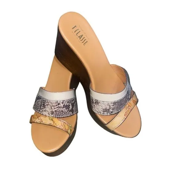 Alviero Martini Tilasse Geo World Map Wedge Block Platform Snakeskin Sandals 39