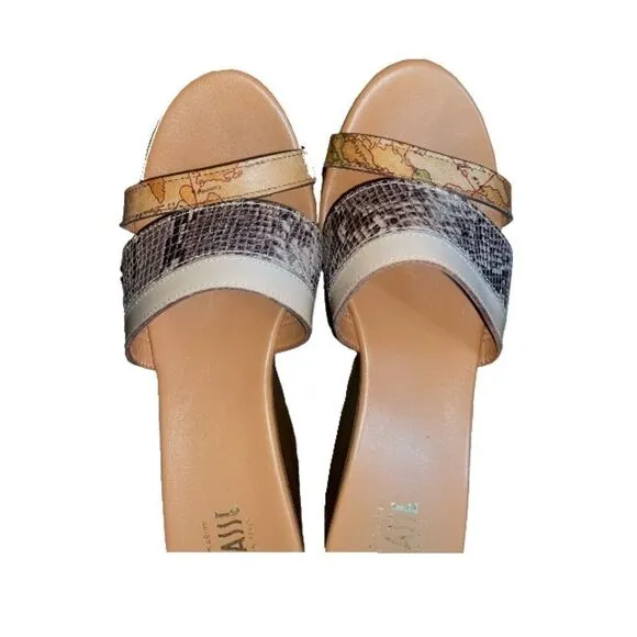 Alviero Martini Tilasse Geo World Map Wedge Block Platform Snakeskin Sandals 39