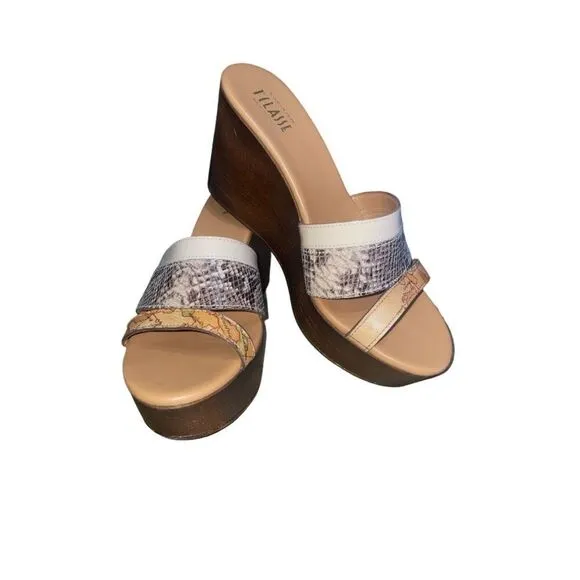 Alviero Martini Tilasse Geo World Map Wedge Block Platform Snakeskin Sandals 39