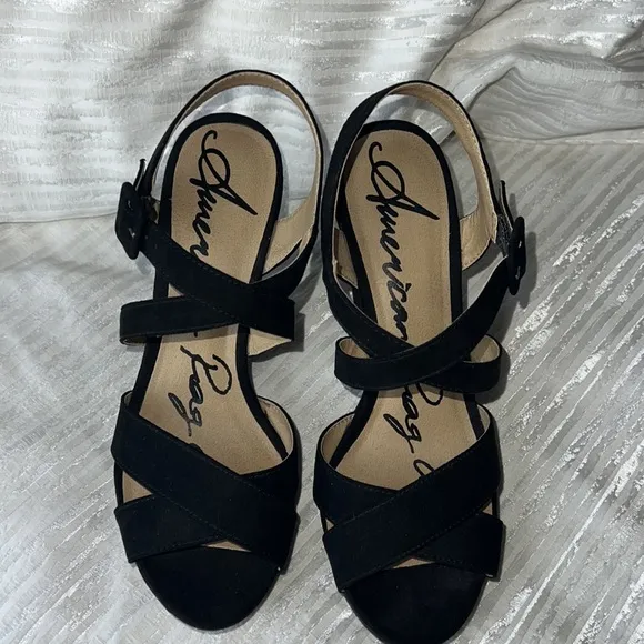 American Rag Women's 'Rachey' Black Suede Wedge Platform Heel Sandals Size 8.5 M