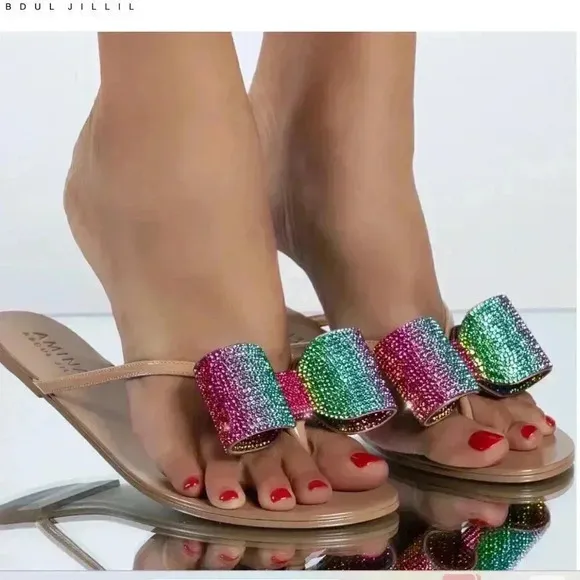 Amina Abdul Jillil Rhinestone Bow Thong Sandals Slides Sparkly Rainbow