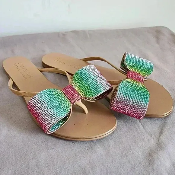 Amina Abdul Jillil Rhinestone Bow Thong Sandals Slides Sparkly Rainbow