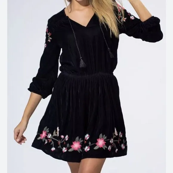 A.N.A. Black Velvet A-Line Dress with Flowers