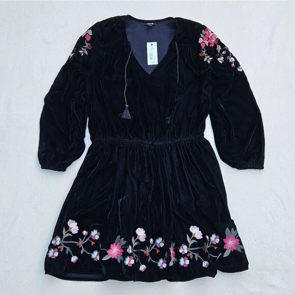A.N.A. Black Velvet A-Line Dress with Flowers