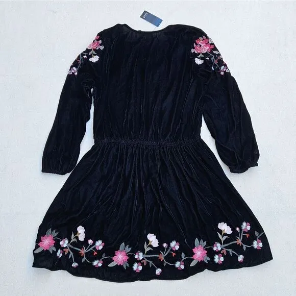 A.N.A. Black Velvet A-Line Dress with Flowers