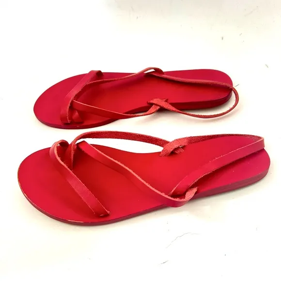ANCIENT GREEK SANDALS Womens Red Strappy Leather Handmade Sandals Flat Sz 7 NWOB