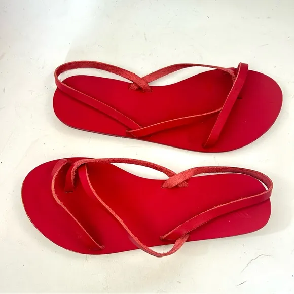 ANCIENT GREEK SANDALS Womens Red Strappy Leather Handmade Sandals Flat Sz 7 NWOB