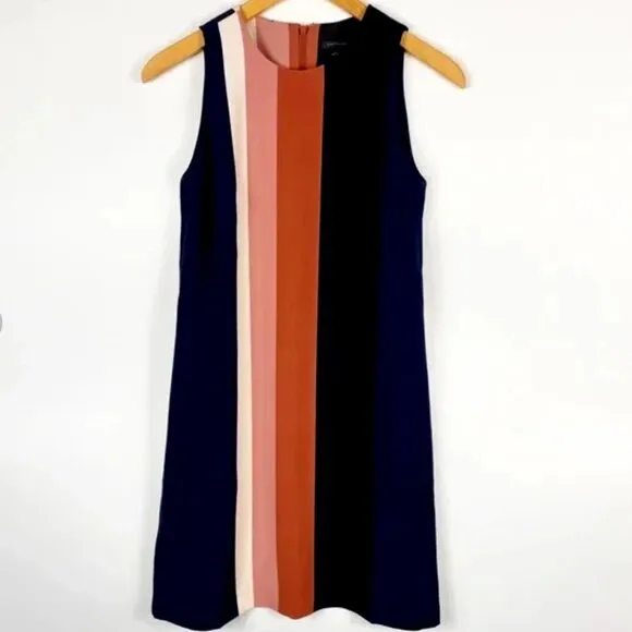 Ann Taylor Factory Petite Sleeveless Dress Size 4P, Navy/Coral/White/Blue Stripe