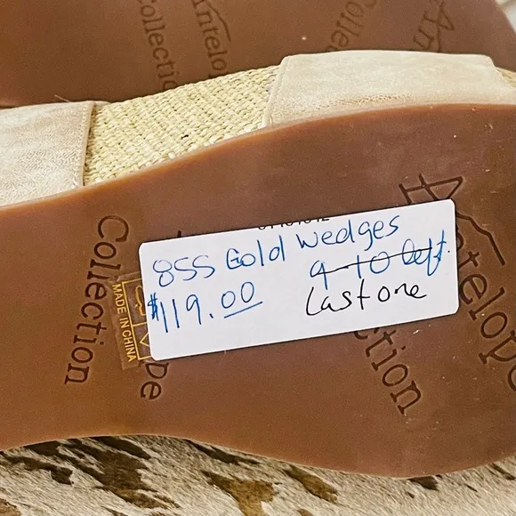ANTELOPE Metallic Gold Linen Wedge Heeled Sandals Like New Taupe Tan Size 40