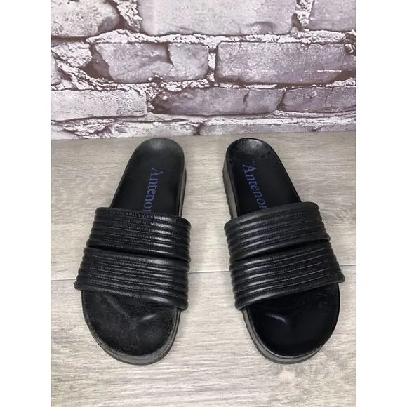 Antenora Black Leather Casual Strap Slides Italy Sandals Women Sz 7M US/38EU