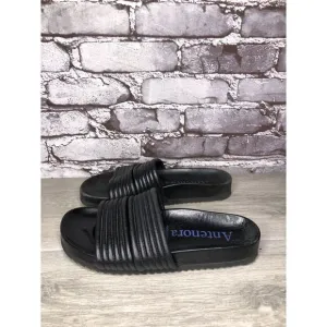 Antenora Black Leather Casual Strap Slides Italy Sandals Women Sz 7M US/38EU